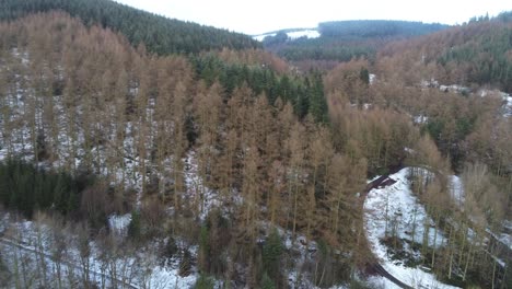 Snowy-Welsh-woodland-car-driving-on-rural-countryside-road-aerial-tilt-down