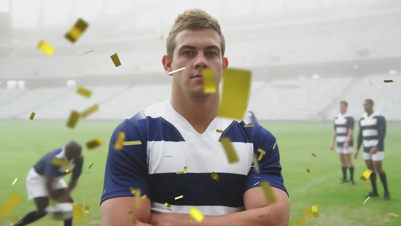 animación de confeti dorado cayendo sobre un jugador de rugby caucásico