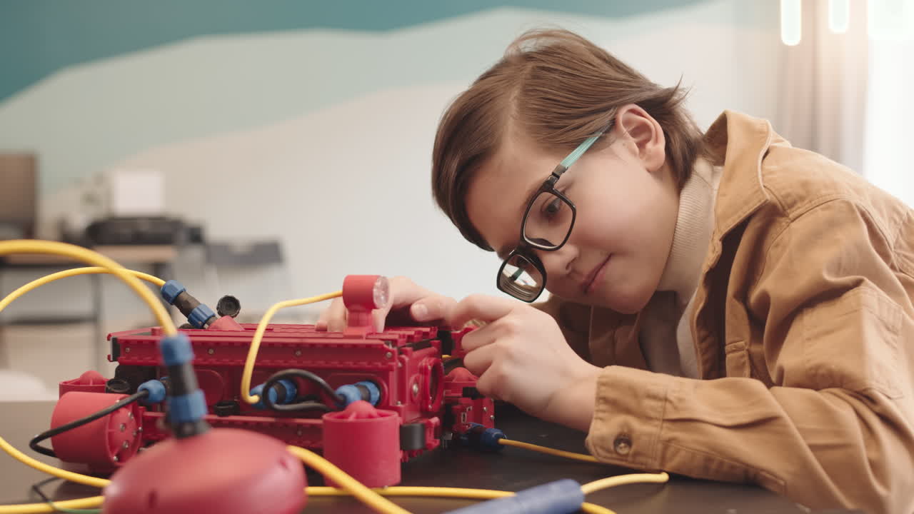 Caucasian Schoolboy Constructing Robot during Science Lesson