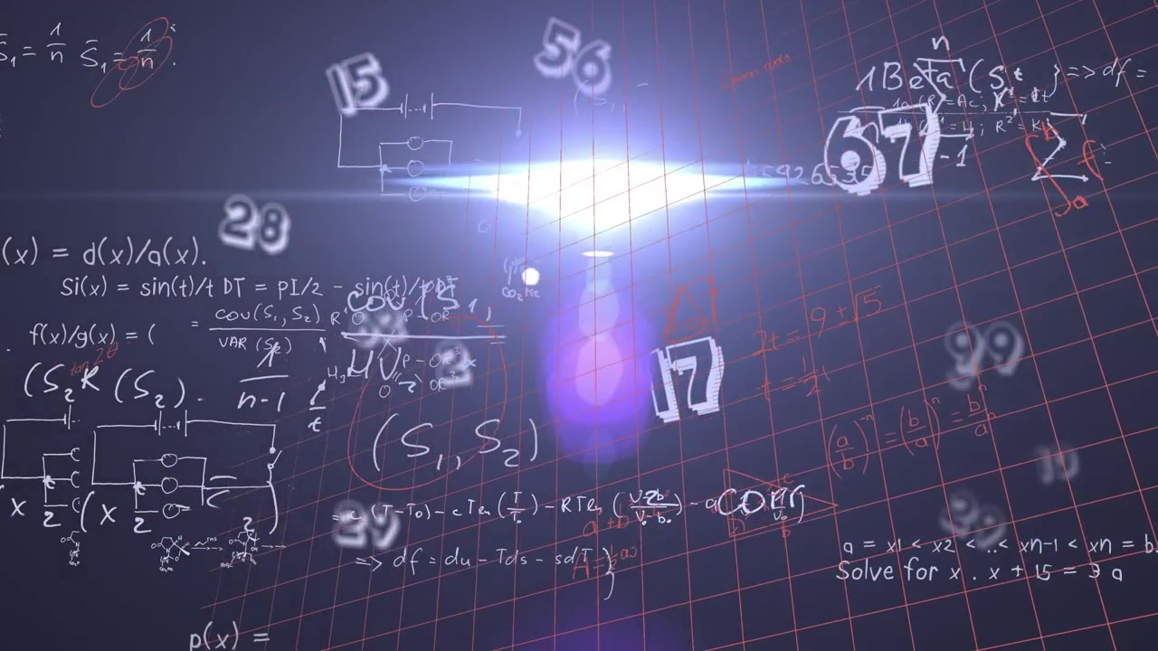黒い背景に光を伴う、数学の公式と数字のアニメーション。