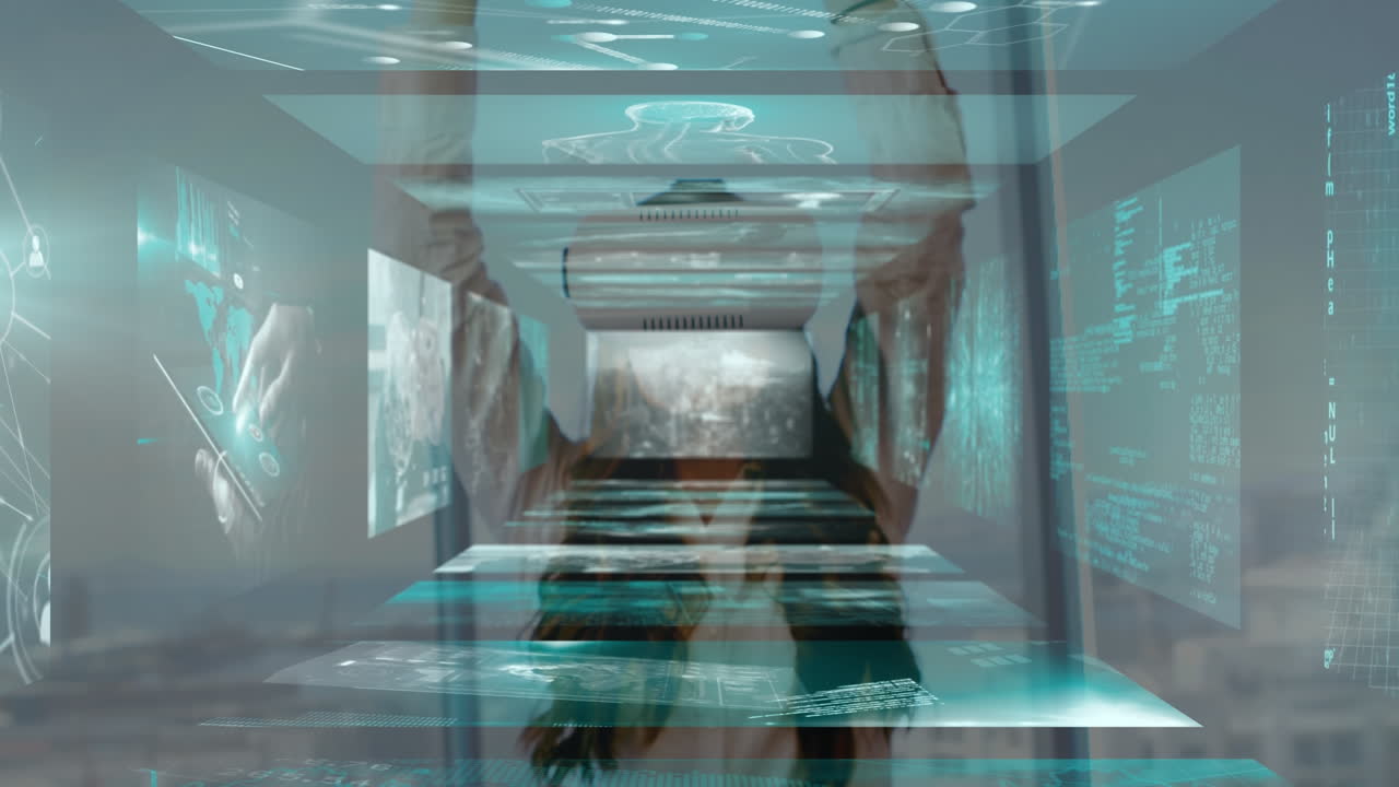 사무실에 있는 백인 사업가 여성에 대한 금융 데이터 처리의 애니메이션