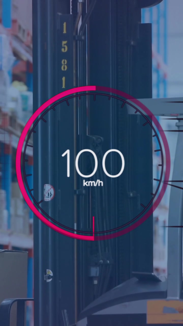 Animation of eco icons and speedometer data processing over warehouse