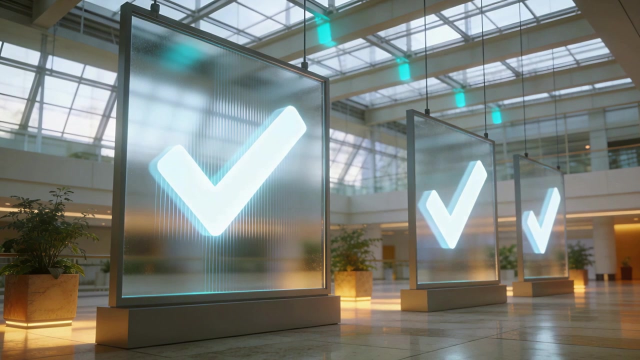 Moving camera revealing frosted panel pulsing cyan check mark in large atrium showing confirmation