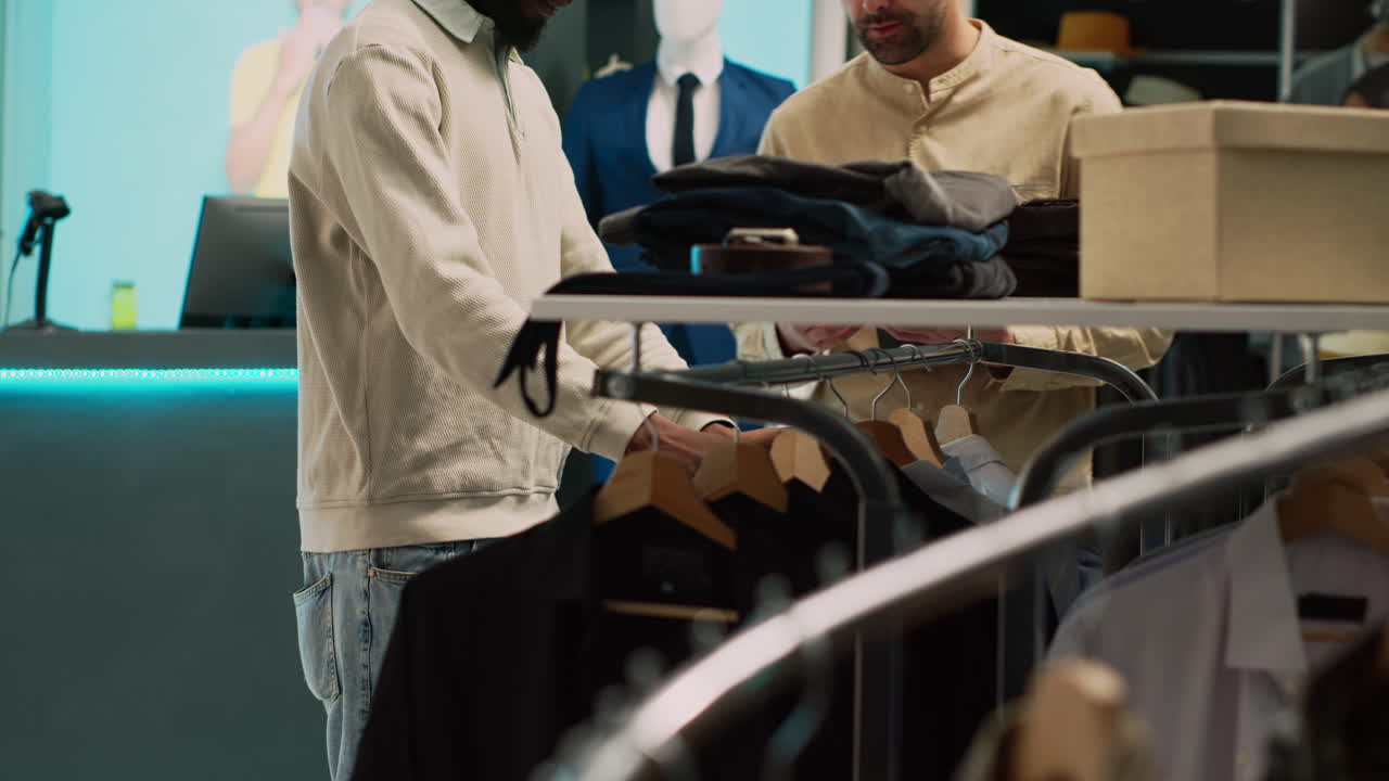 Men shopping for clothes in a retail store