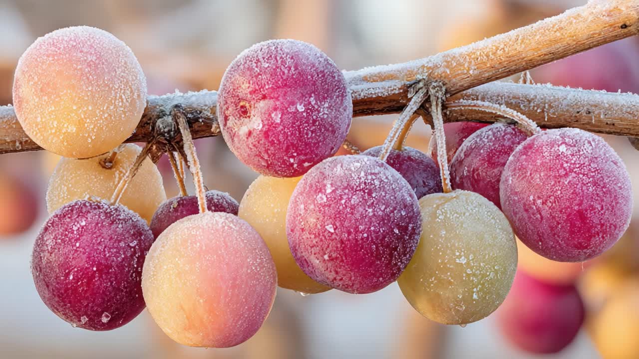 A Stunningly Close-Up View of Frosty Apples Hanging on Branches, Showcasing Their Colorful Hues and Natural Beauty in a Winter Wonderland Setting