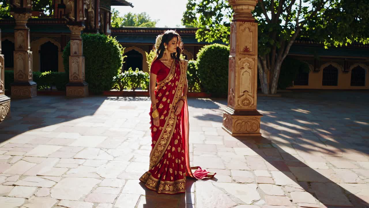 A woman in a red sari stands in a sunlit courtyard, captured from a low angle