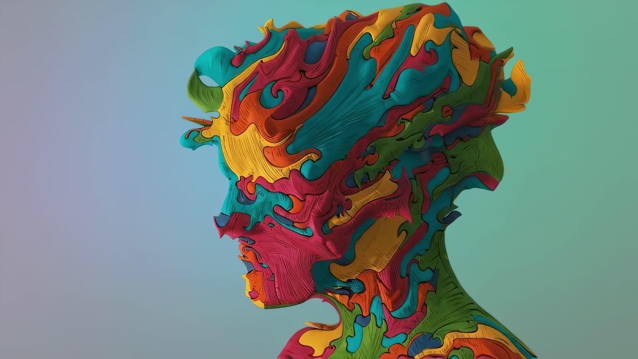 Vivid art piece of a human silhouette with colorful swirling patterns created in a contemporary art studio