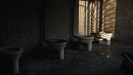 old restroom with empty urinals and shadows from sunlight