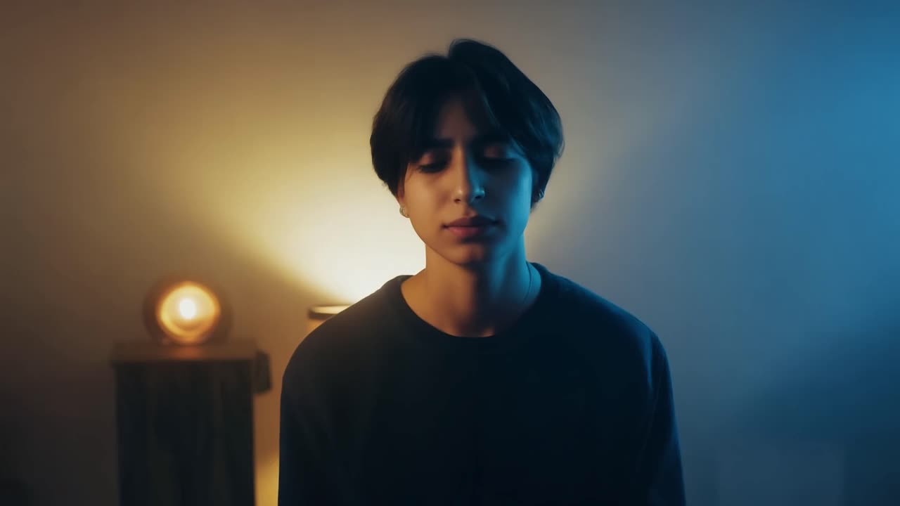 joven en luz azul y amarilla