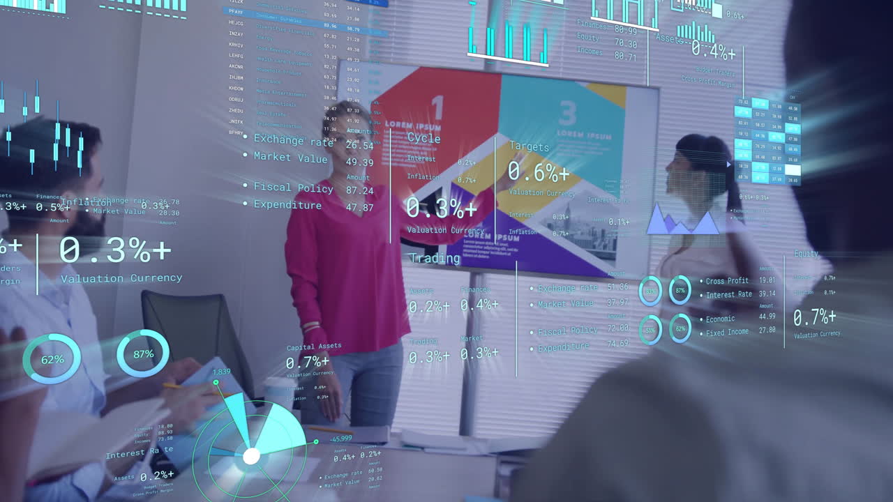 animación de diagramas y procesamiento de datos sobre diversos colegas que discuten el trabajo en la oficina