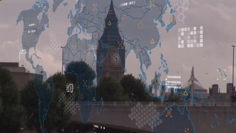 Animación-Del-Procesamiento-De-Datos-Financieros-Y-Mapa-Mundial-Sobre-El-Paisaje-Urbano-De-Londres