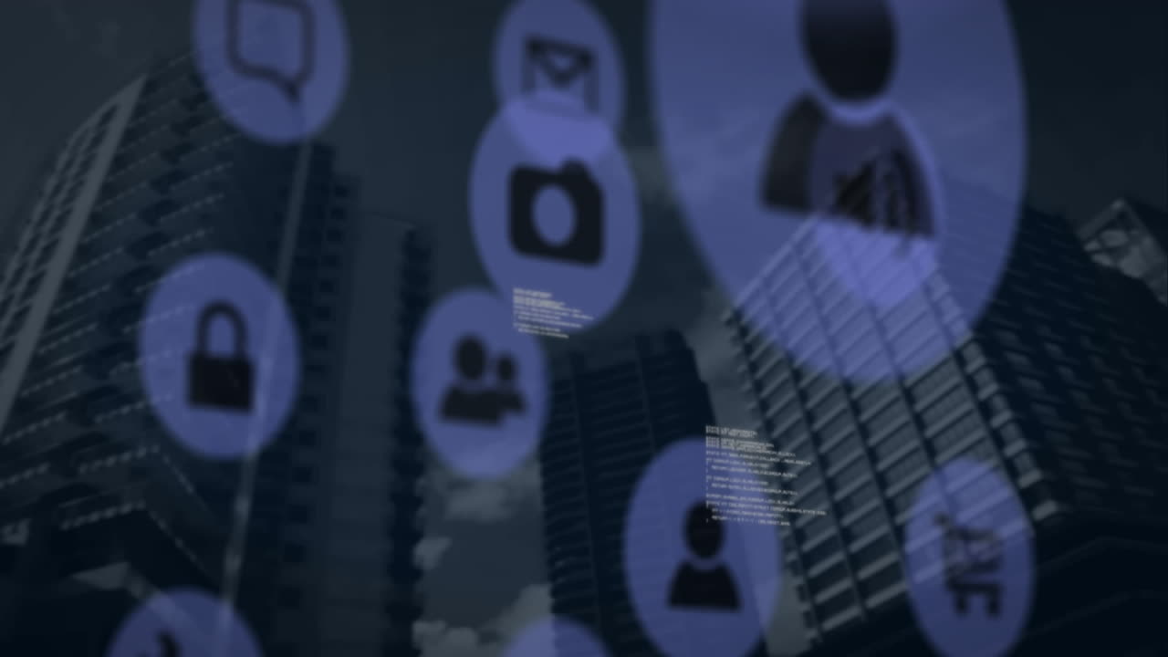 animación de iconos digitales y procesamiento de datos sobre el paisaje urbano moderno