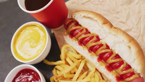 Video-of-hot-dog-with-mustard,-ketchup-and-chips-on-a-black-surface