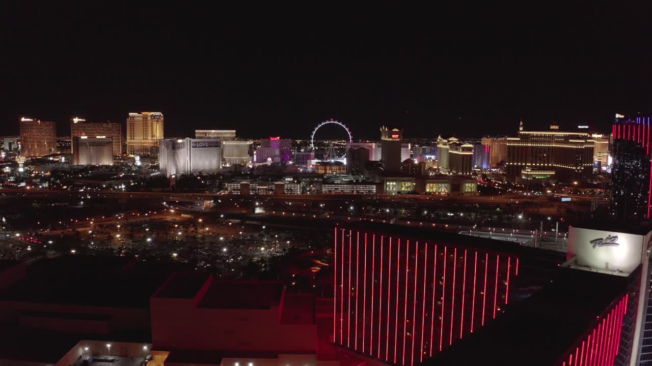 Las Vegas skyline at night in Nevada, USA. Wide angle aerial