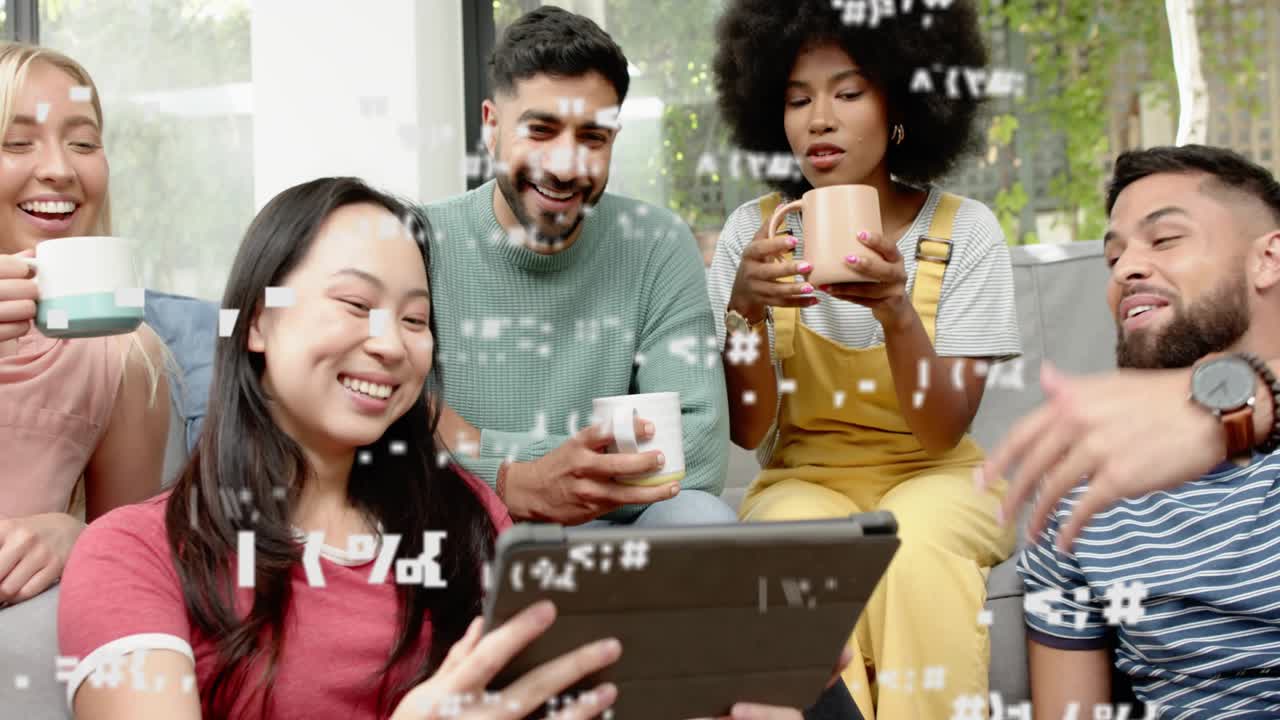 Five adults leaning around tablet watching, holder tapping, tech overlay appearing, raising mugs
