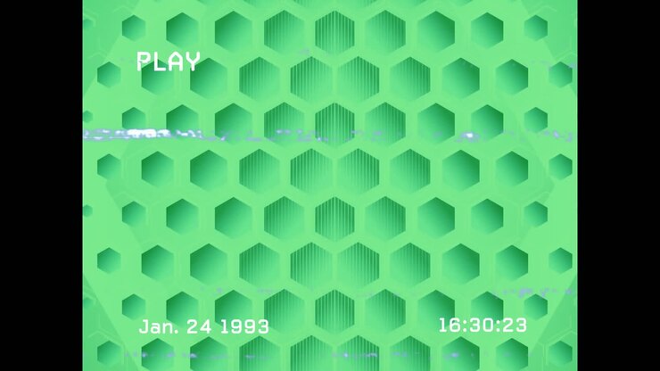 Digital image of blue hexagons in a hypnotic loop with a glitchy TV screen effect.