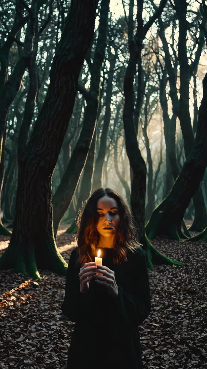 Donna che tiene una candela accesa in una foresta mistica