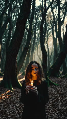 woman holding a lit candle in a mystical forest