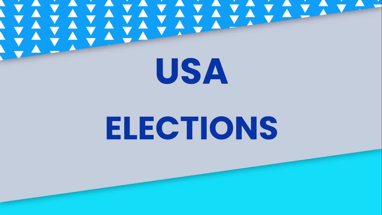 Animation of usa elections text and moving triangles on blue and grey background