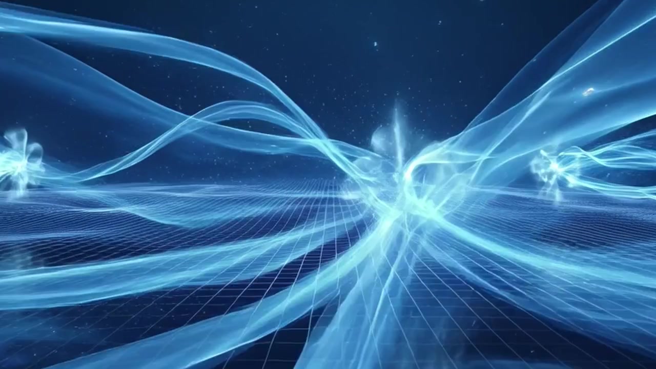 Abstract Blue Light Waves Flowing Over a Digital Grid