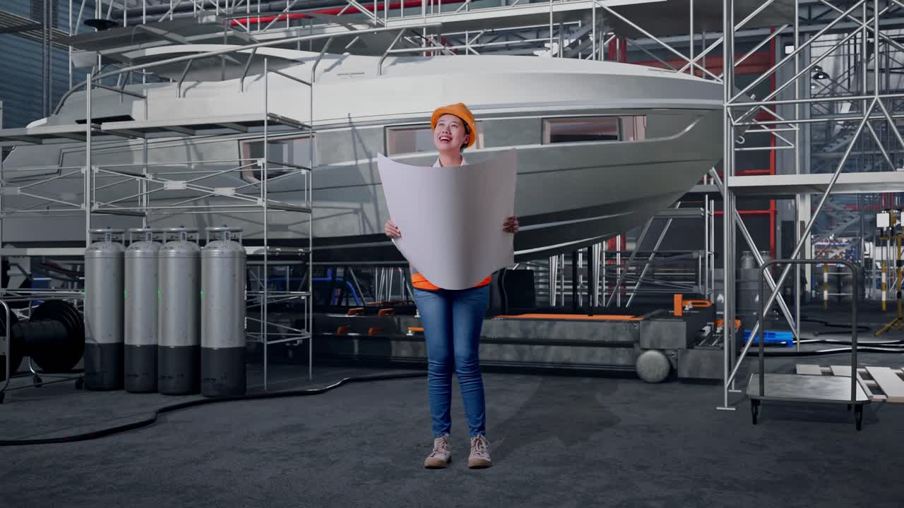 Corpo inteiro de engenheira asiática com capacete de segurança olhando para uma planta nas mãos e olhando ao redor enquanto está em pé com a construção de iates em um estaleiro moderno