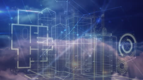 red de conexiones sobre modelo de ciudad 3d contra nubes en el cielo azul