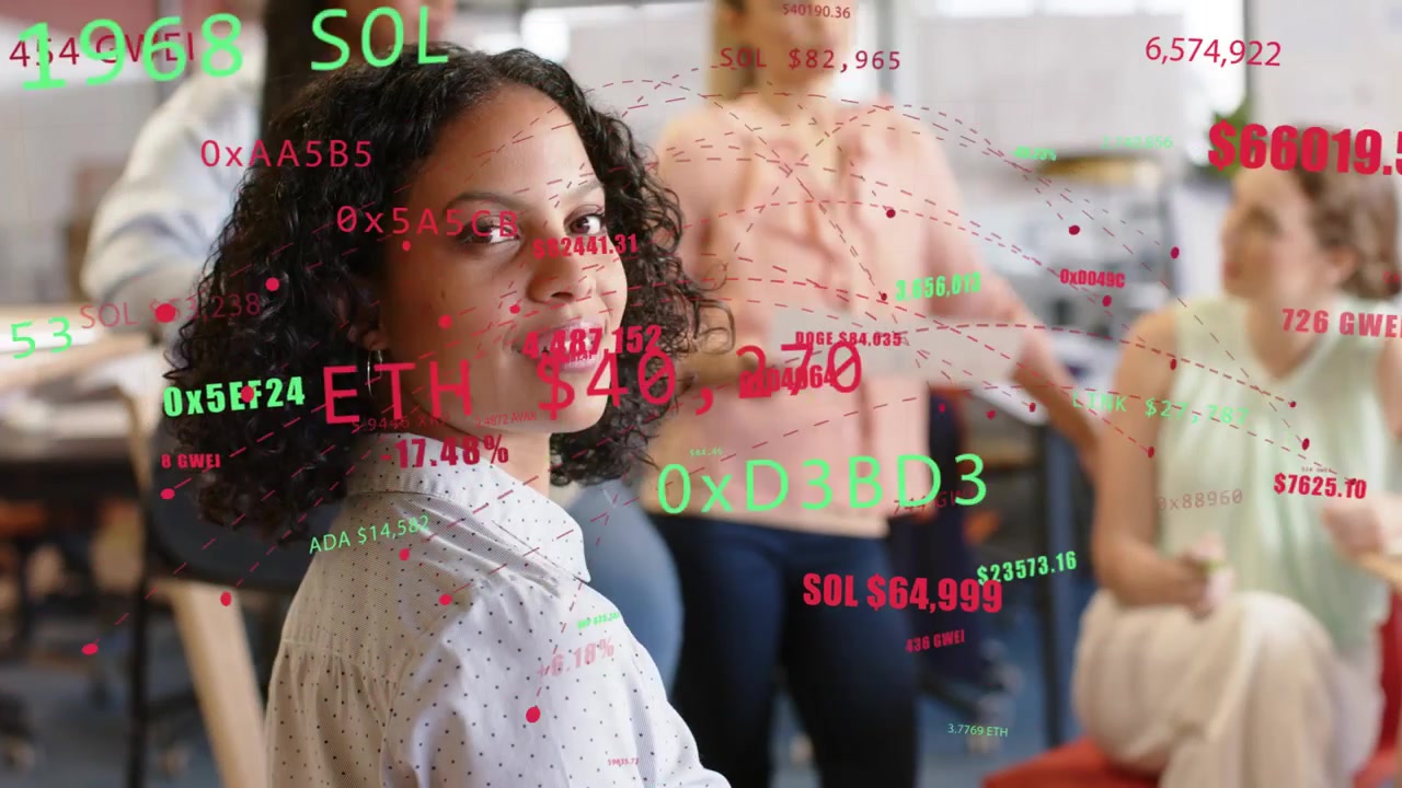 Woman turning to camera while host waving paper, causing crypto data overlays for finance meeting