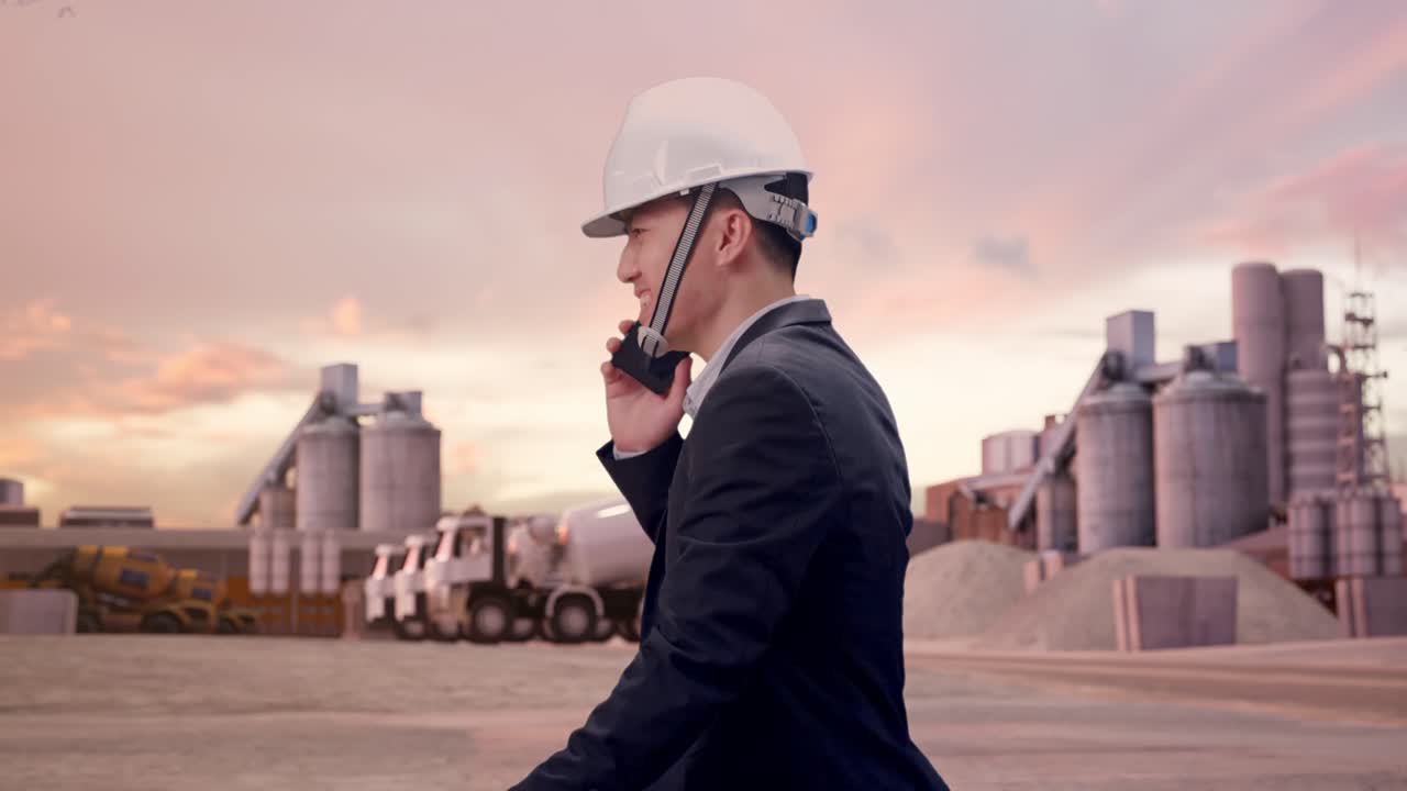 Vista lateral de empresario asiático hablando por smartphone mientras camina en una planta de cemento industrial al atardecer.