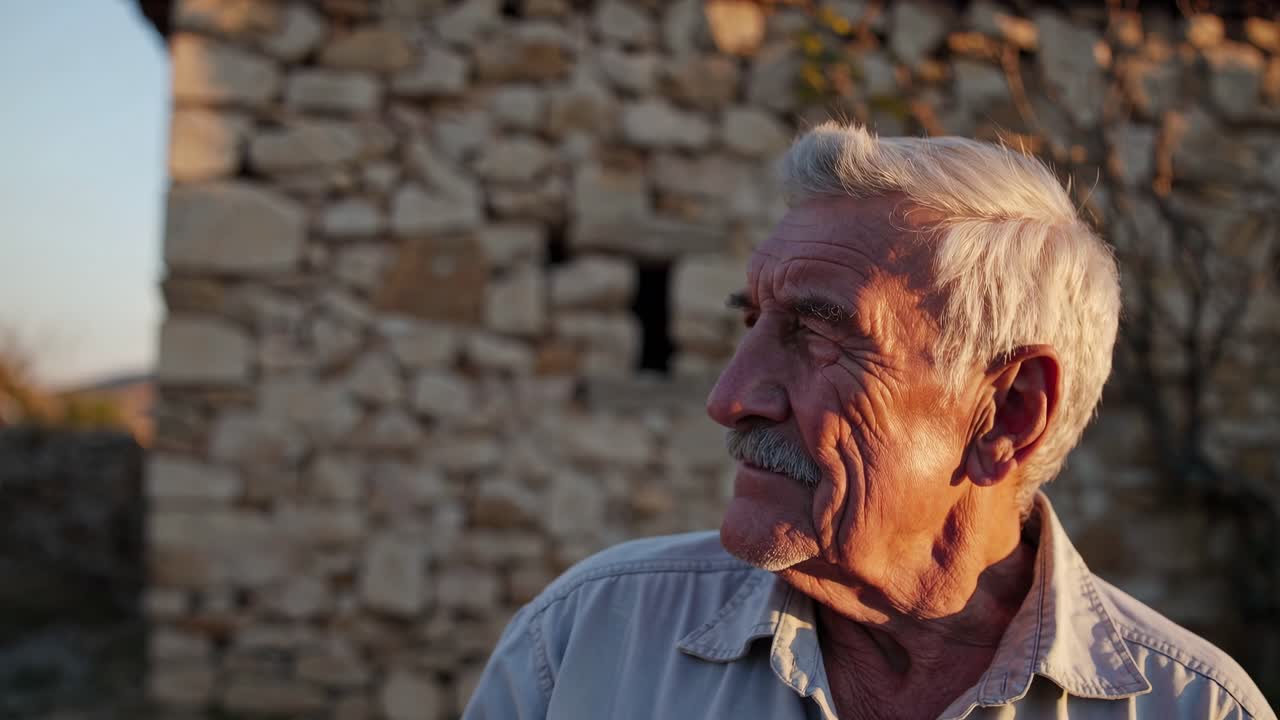 Portrait of a thoughtful elderly farmer with a mustache, standing against a weathered stone wall in the warm sunlight of Cappadocia, Turkey, embodying a sense of wisdom and resilience