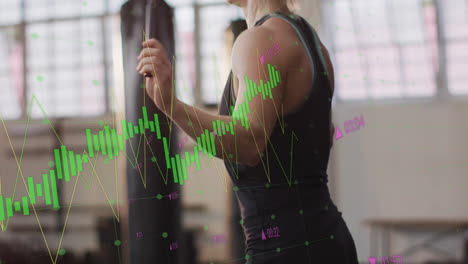 stock market data animation over person exercising with jump rope in gym