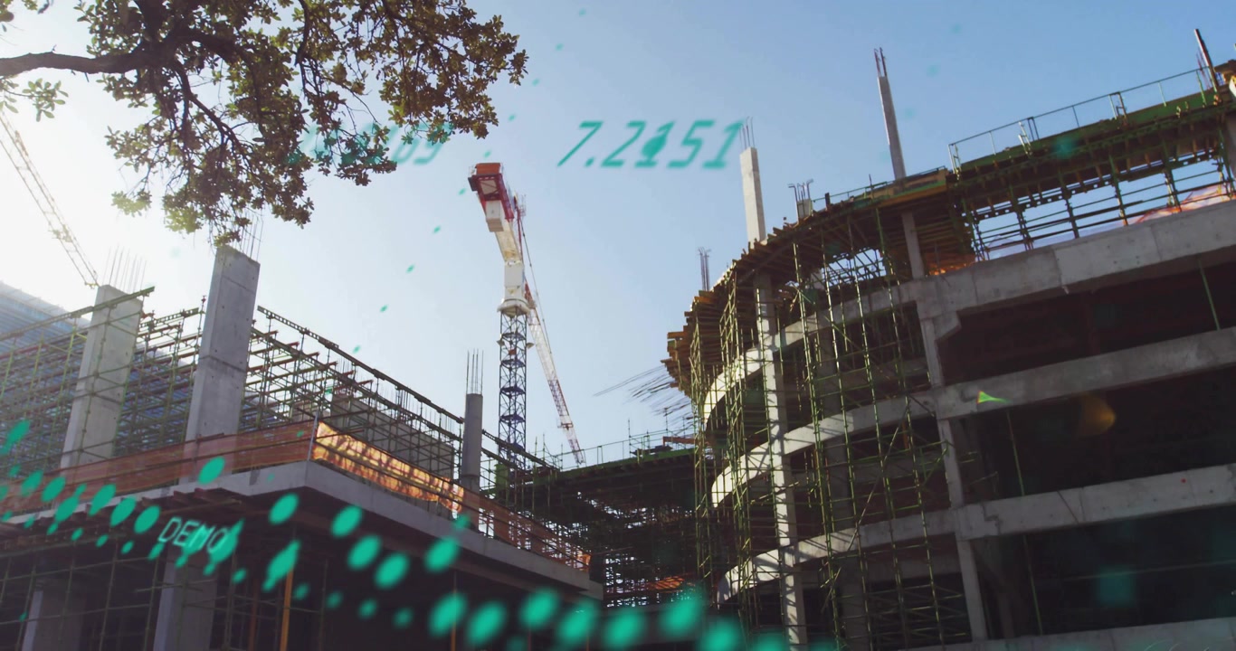 Datapoint stream emerging from canopy sweeping across crane and scaffold mapping building status