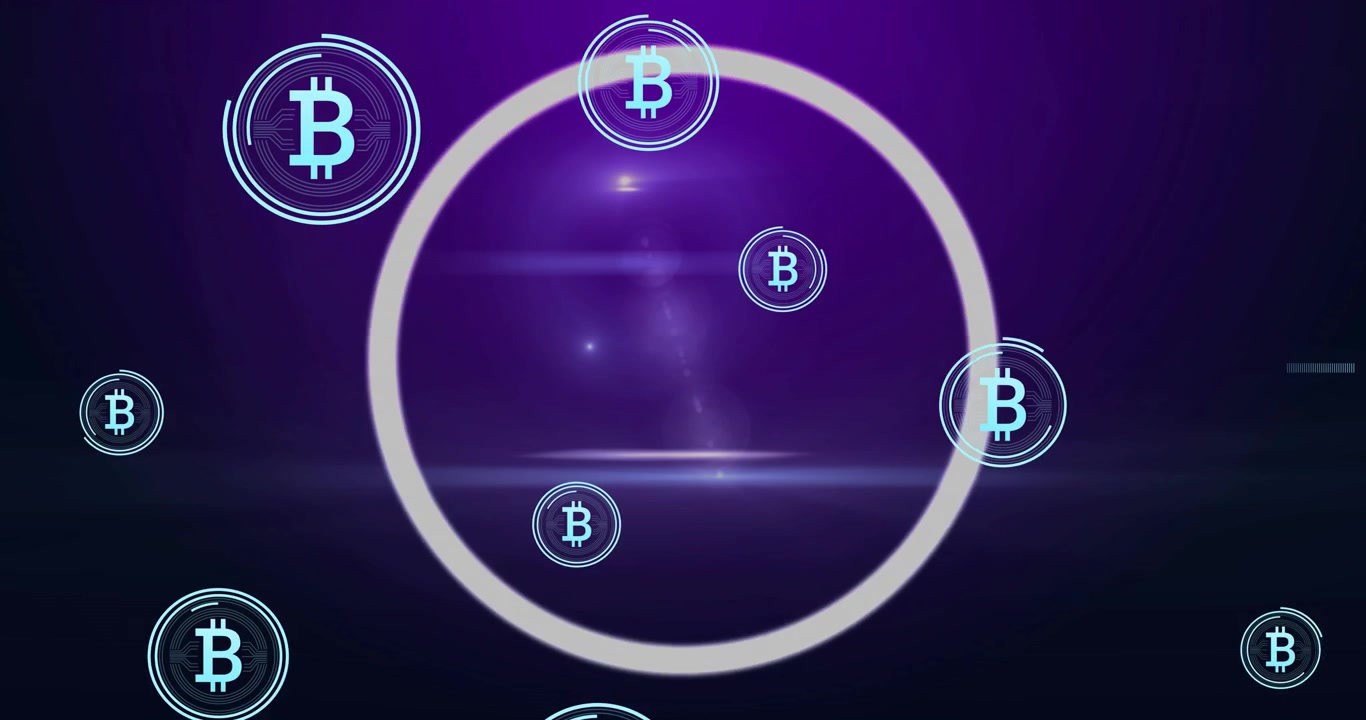 Bagliore centrale con anello segmentato pulsante che ruota e si chiude, mentre token BTC fluttuano indicando il caricamento.