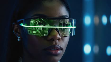 Woman wearing futuristic augmented reality glasses