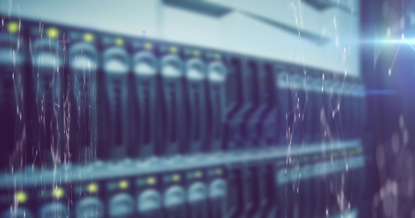 Animation of network of connections and light trails over server room