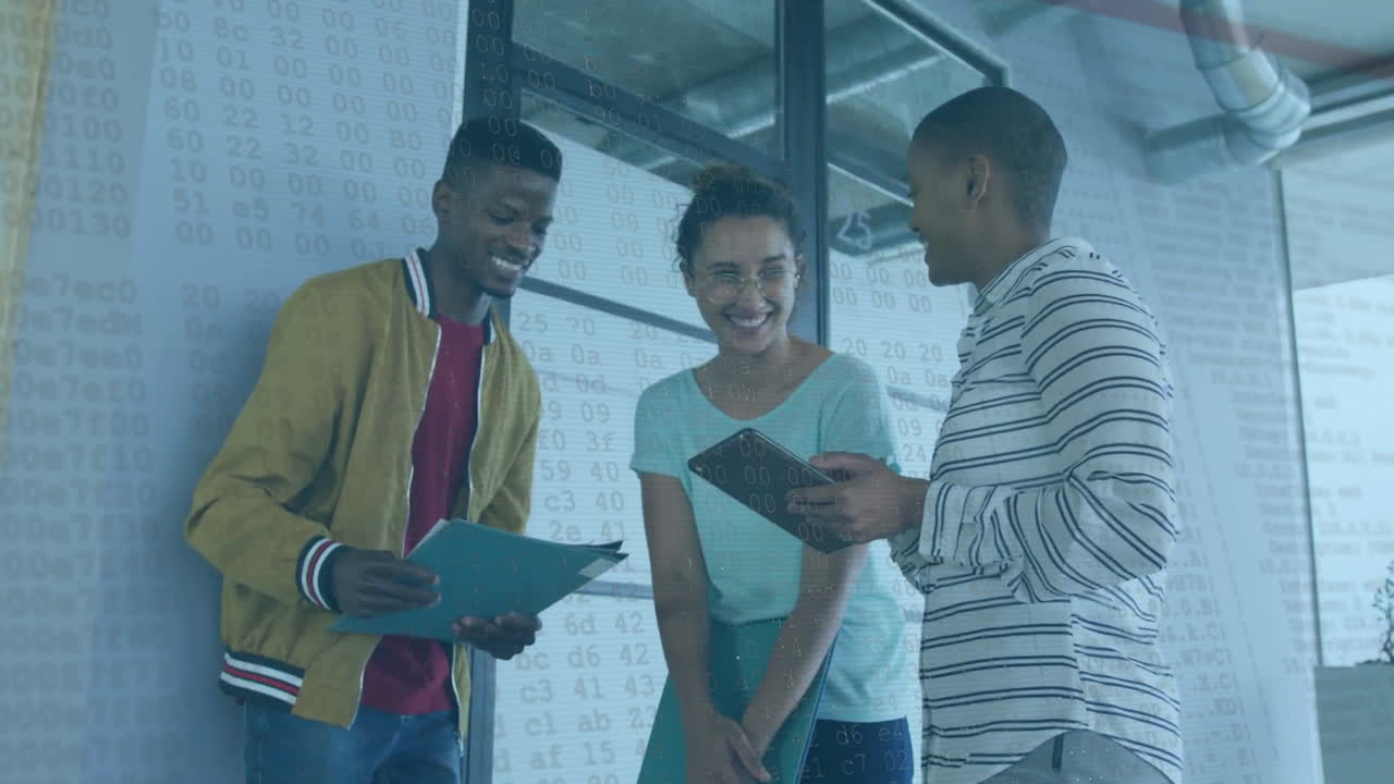 Animation of data processing over diverse colleagues in office