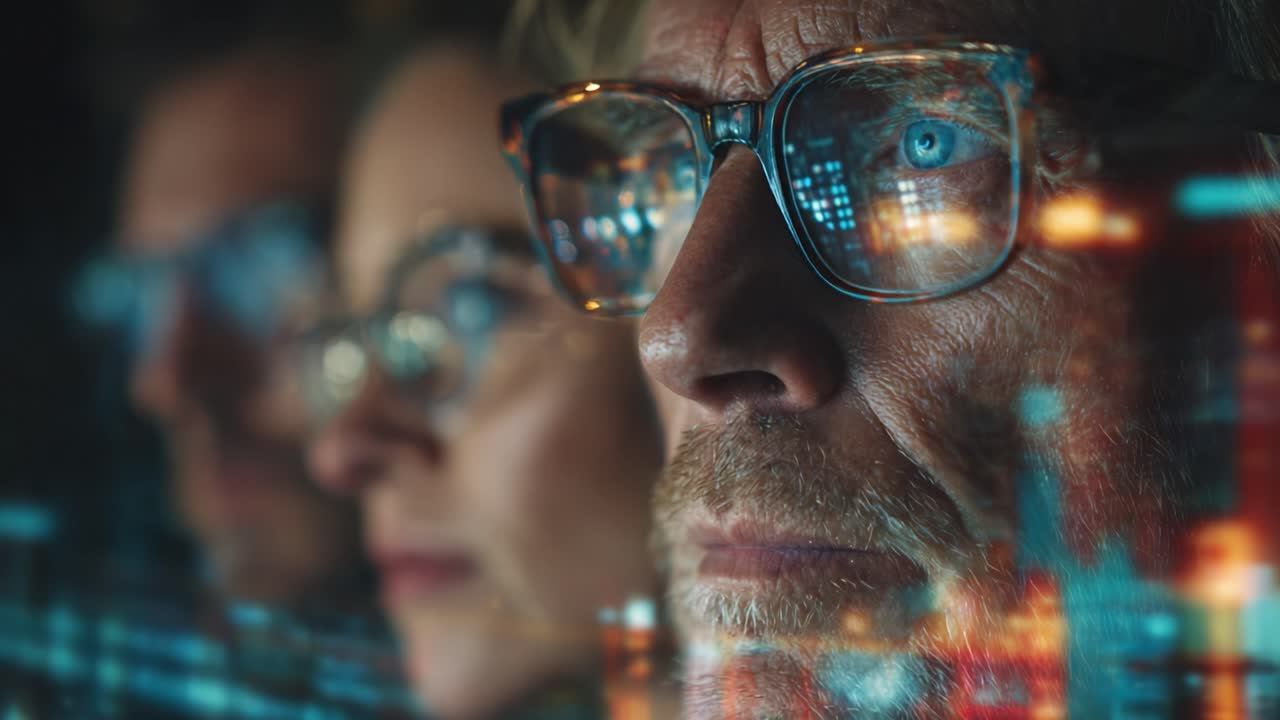 Intense Focus and Collaboration in a Futuristic Environment: A Close-Up of Individuals Analyzing Data Through Augmented Screens with Depth of Field Effect