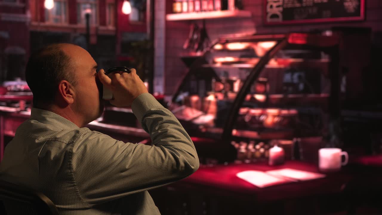 커피숍에서 주위를 둘러보고 컵에서 마시는 남자