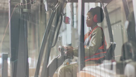 animation of statistics and data processing over african american woman working in warehouse