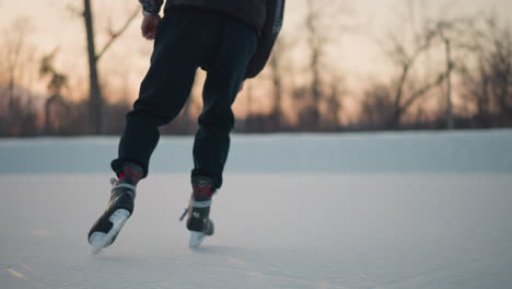 back view of skater wearing winter jacket gliding smoothly across frozen lake as sunlight glows through bare trees in background reflecting off fresh ice tracks under soft evening sun