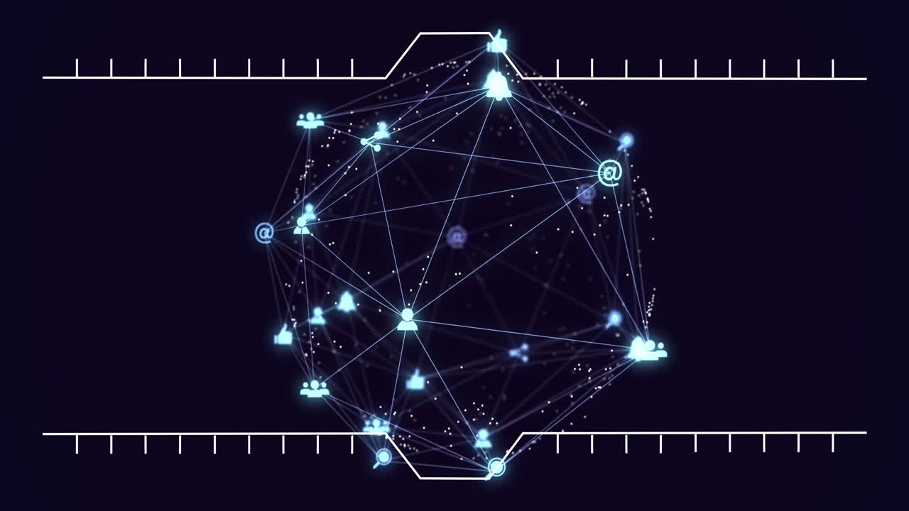 Animation of globe of glowing blue digital icons spinning against black background