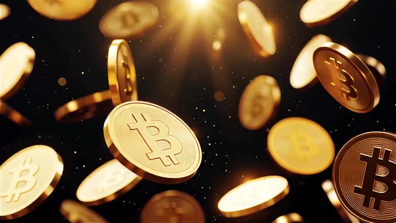 Bitcoin in rotazione su sfondo nero drammatico 4k