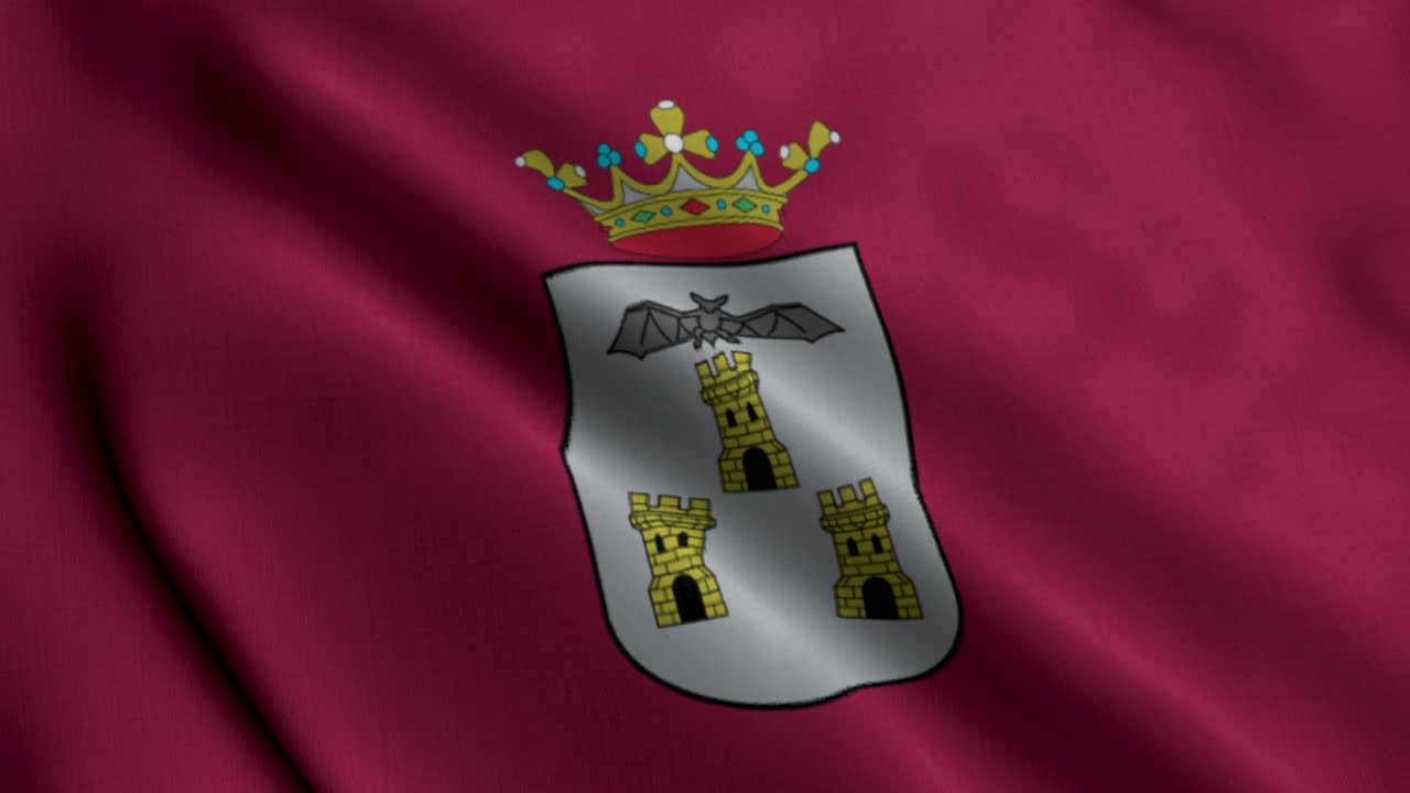 Video 4K di una bandiera della città di Albacete, in Spagna, con design rosso e bianco e lo stemma ufficiale che sventola dolcemente al vento. Filmato per progetti culturali, storici e documentari