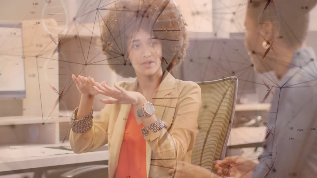 Explaining concept, businesswoman using data visualization and network connections in office