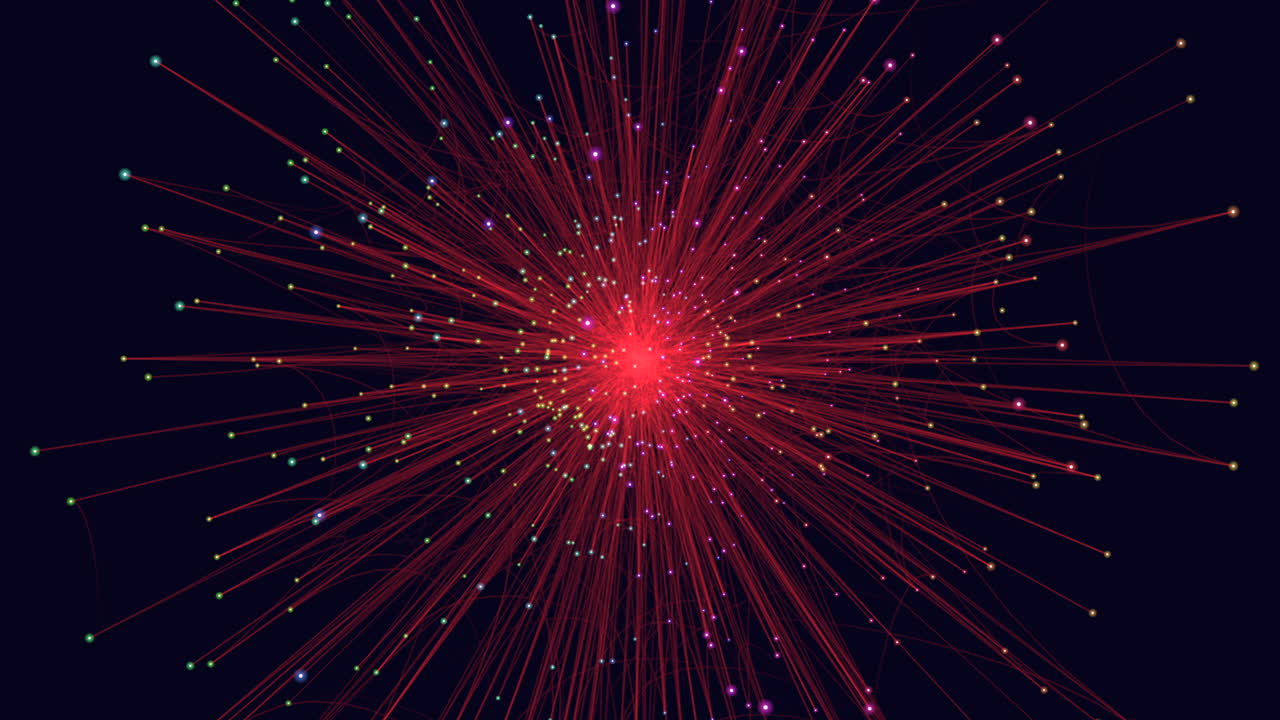 Closeup big flash of star with neon dots and rays on black gradient