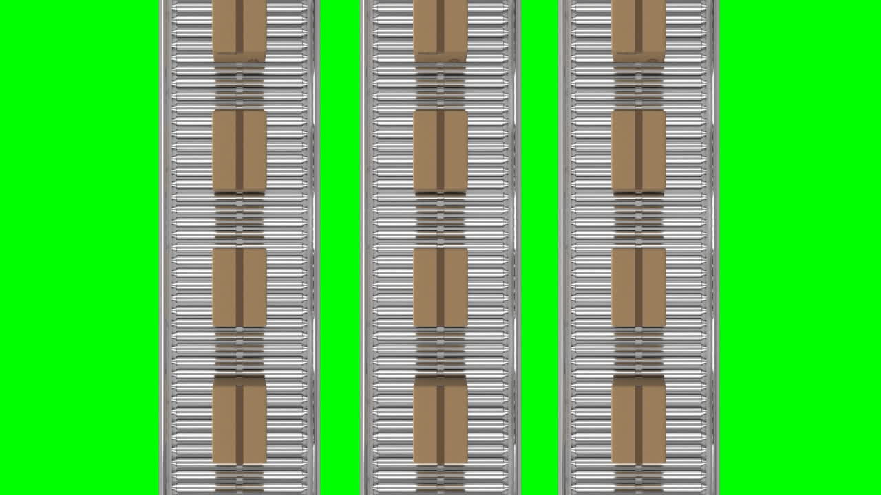 animación de cajas de cartón que se mueven en cintas transportadoras contra un fondo verde