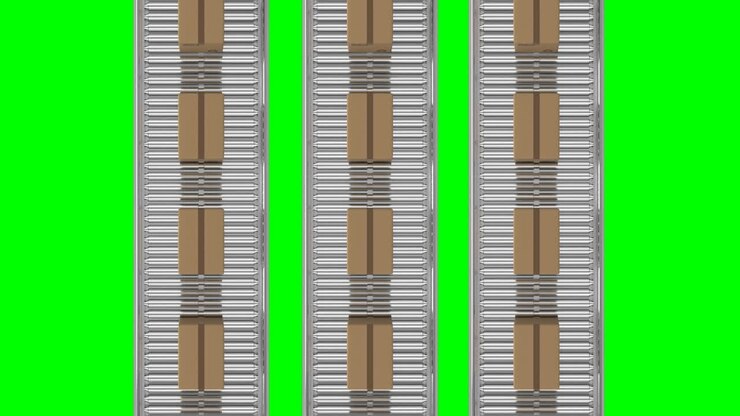 Animation of cardboard boxes moving on conveyor belts against green background