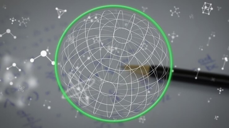 Animation of sphere spinning with green shroud with chemical shapes on grey background