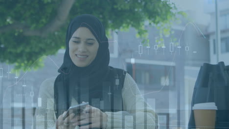 animation of financial data processing over biracial woman in hijab using smartphone in city