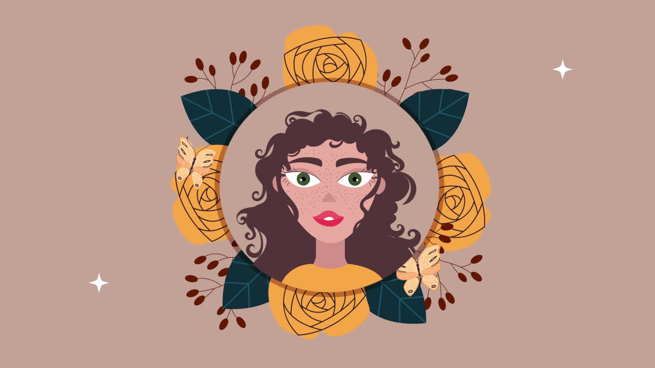 mujer hermosa y flores jardín marco circular