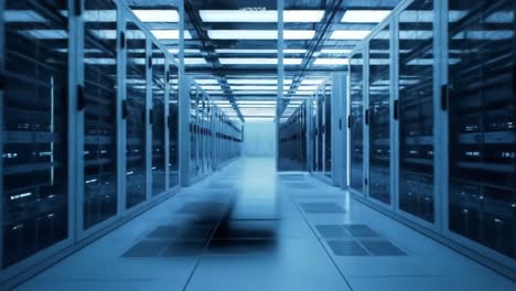 a high-tech data center featuring rows of servers illuminated by blue lighting, showcasing the cutting-edge infrastructure of modern information technology